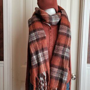 Gap Copper Plaid Braided Fringe Scarf NWT
